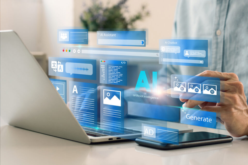 artificial-intelligence-content-generator-a-man-uses-a-laptop-to-interact-with-ai-assistant-ai-offers-functions-like-chatbot-generate-images-write-code-writer-bot-translate-and-advertising