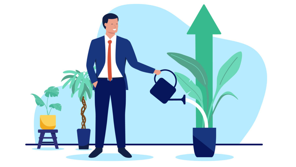 business-growth-and-success-concept-illustration-of-businessman-watering-a-plant-to-symbolize-investment-and-leadership